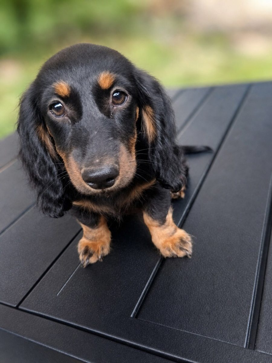 Bear, a black and tan longhaired Miniature Dachshund puppy