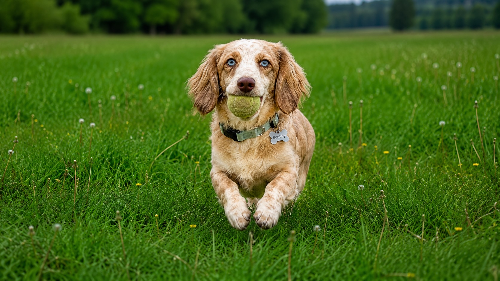 Bentley, a miniature dachshund, running with a tennis ball
